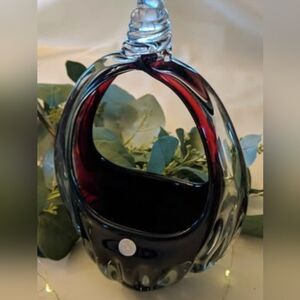 Ruby Red/Clear Vintage Art Blown Glass Vase/Basket Made In Romania Beautiful! 9"